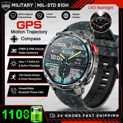 Men 1100mAh Ultra Durable Battery Smart Watch GPS Compass IP69K Waterproof BT Call 100+ Sport Mode Flashlight Sports Smartwatch - Urbizia