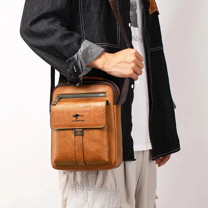 Men Multifunctional Leather Shoulder Bag Multi Pocket Crossbody Messenger Bag Business Travel Handbag with Top Handle Black