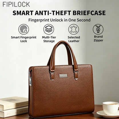 FIPILOCK Laptop Bag Leather Briefcases Hard For Men Luxury Handbags with Smart Fingerprint UnlocOffice Bussiness Computer Bag