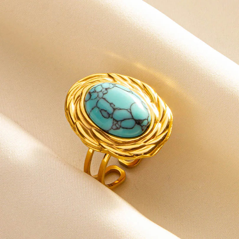 Turquoise Finger Jewelry Long Oval Sun Heart Water Drop Stainless Steel Rings For Women Men Accessories Gold Plated Open Anillos