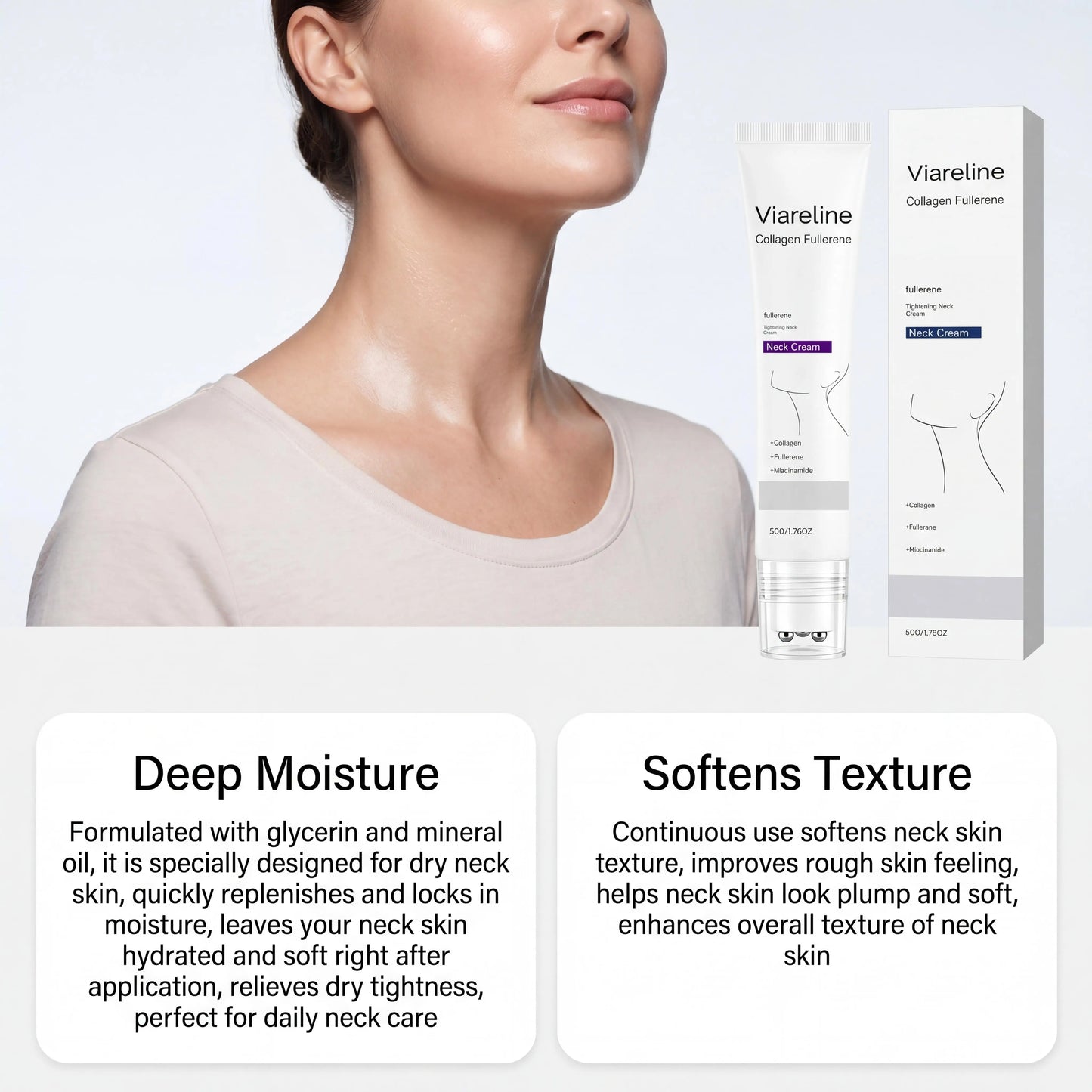 Collagen Fullerene Neck Cream Niacinamide Brightening Jawline Tighten Lift Firming Anti-Wrinkle Neck Care Moisturizing Cream with Rollers