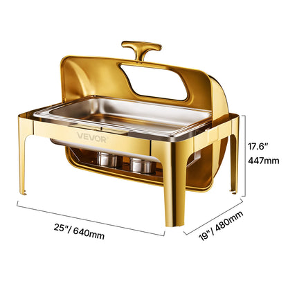 SucceBuy 9Qt Roll Top Chafing Dish Buffet Stainless Steel Chafer with Full Size Pan Visible Lid Rectangle Catering Warmer Server