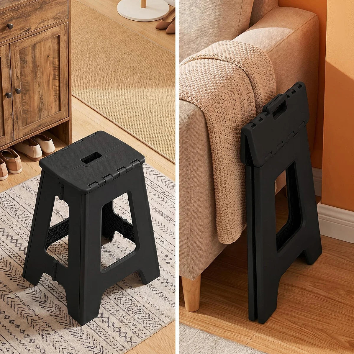 Foldable Stool Chair, 17.5inch Tall Folding Seat , Plastic Foldable Stool for Sitting, Portable Compact Folding Chair for Home Outdoor Camping, Black