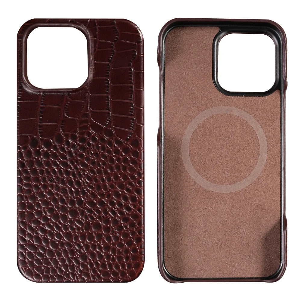 for Magsafe Case for iPhone 15 16 17 18 Pro Max Air 18Pro Natural Cowhide Leather Magnetic Protector Luxury Phone Back Cover