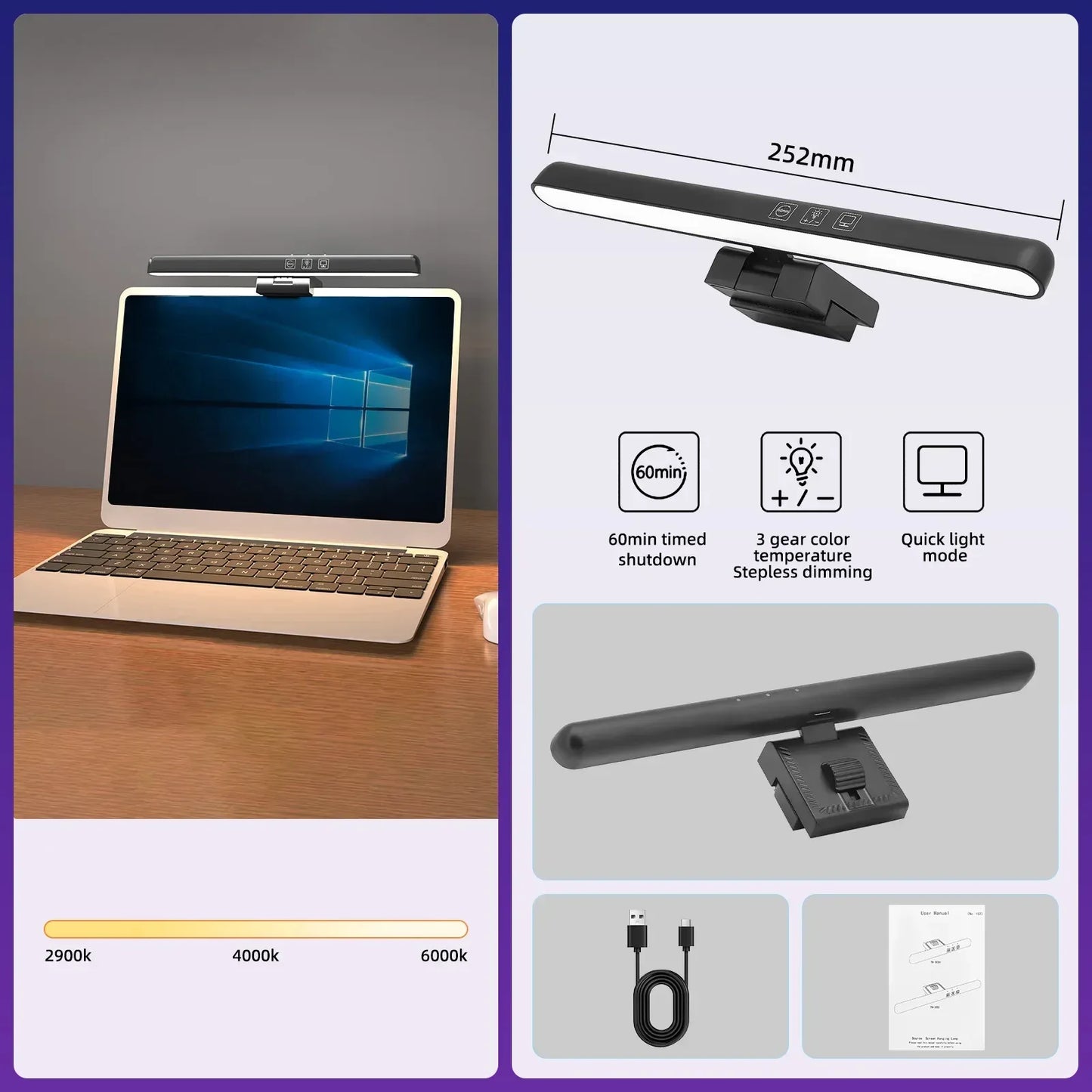 USB Stepless Dimming Screen Hanging Lights Curved Screen Monitor Light Bar RGB Background Atmosphere Desk Lamp Monitor Light Bar - Urbizia