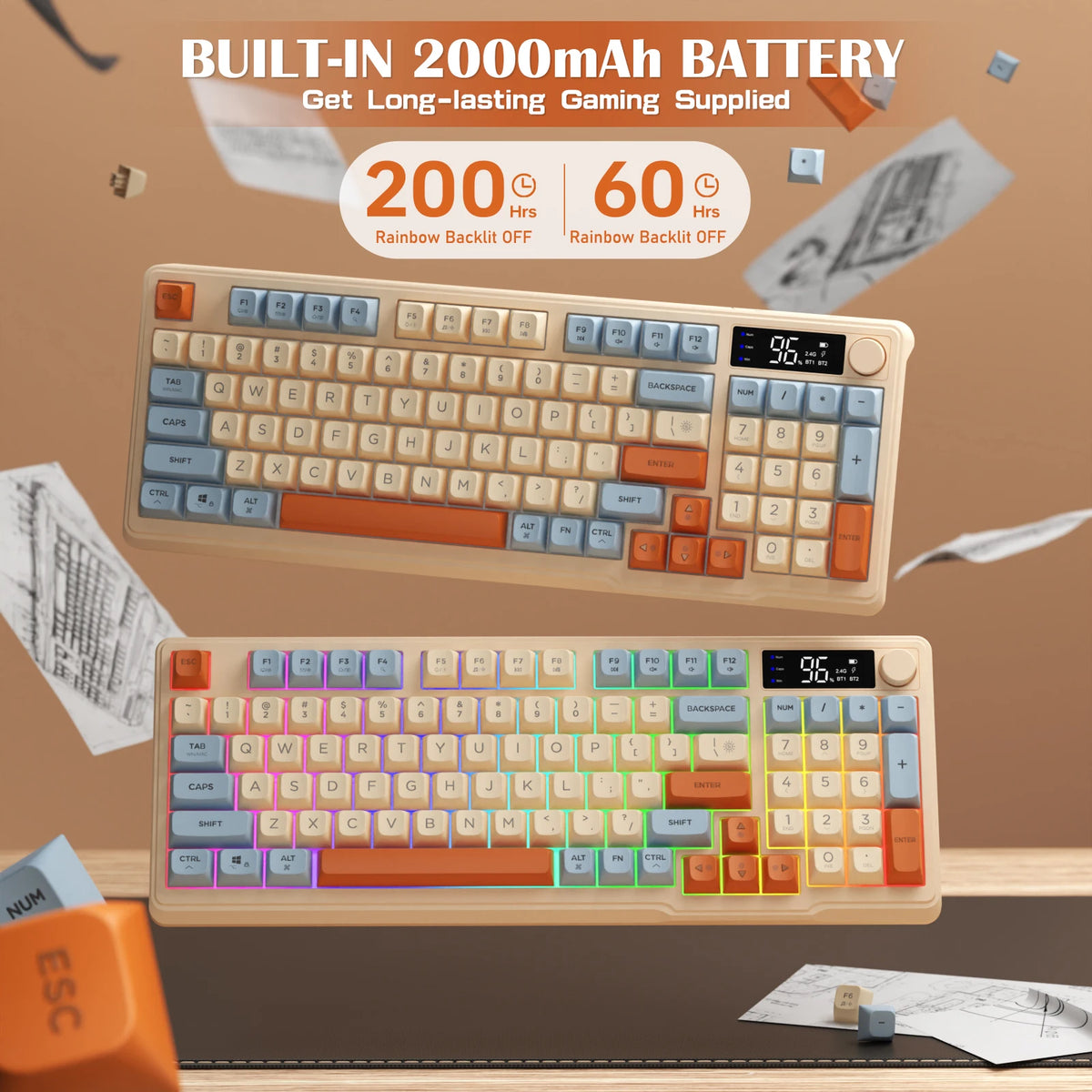 ZIYOU LANG M96 Wireless Gaming Keyboard with Display Screen & Knob, Bluetooth/2.4GHz Quiet Membrane Keyboard, 3000mAh Rechargeable