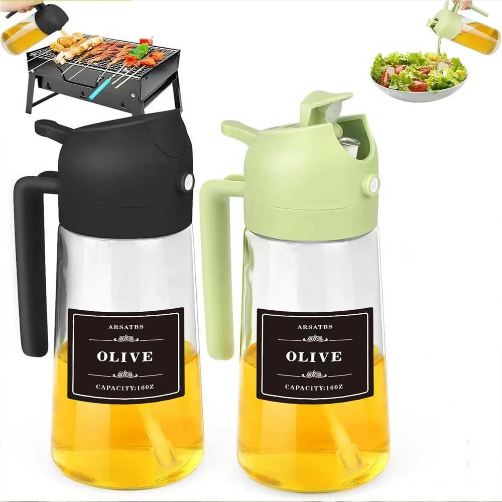 Oil Sprayer for Cooking, Kitchen 2 in 1 Spray and Pour Olive Oil Dispenser with Stickers,470ML Glass Oil Spray Bottle