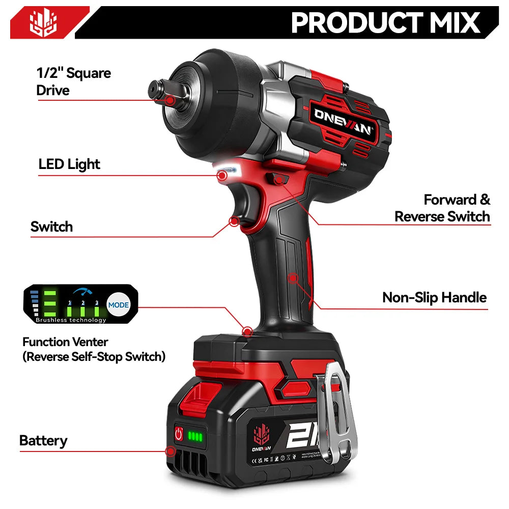 ONEVAN 8000RPM 2800N.M Brushless Electric Impact Wrench Cordless Car Repair Screwdriver Drill Power Tool For Makita Battery Pin