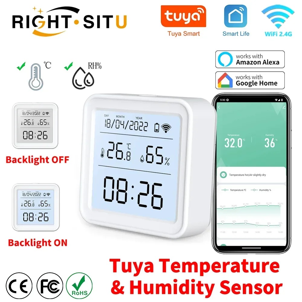 Tuya WIFI Smart Temperature Humidity Sensor Hygrometer Thermometer Backlight Smart Life Support Alexa Google Assistant - Urbizia