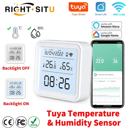 Tuya WIFI Smart Temperature Humidity Sensor Hygrometer Thermometer Backlight Smart Life Support Alexa Google Assistant - Urbizia