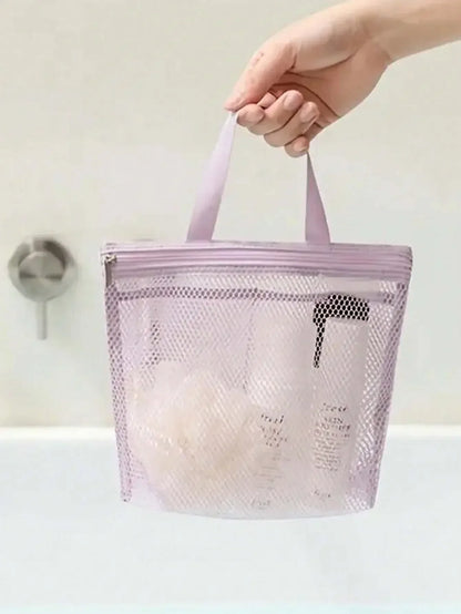1pc Lightweight Mesh Shower Bag Travel Cosmetic Bag, Large Capacity Portable Toiletry Bag, Hanging Bathroom Storage Bag, Cute Handheld Makeup Brush Holder Bag With Zipper, Can Hold Lipstick