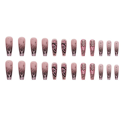 24Pcs Glitter Pink Sequins Fake Nails – Halloween Skull & Love Print Ballet Press-on Nails