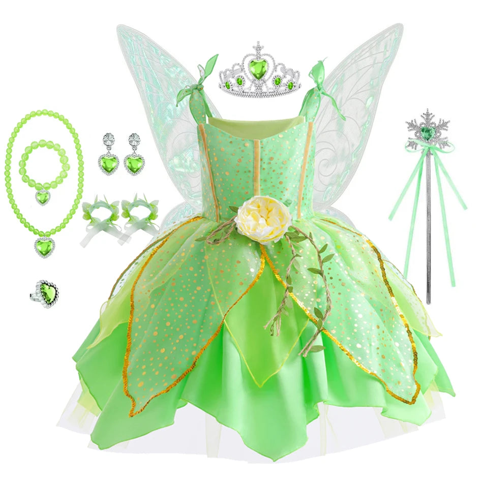 Girls Flower Fairy Dress – Kids Princess Costume with Wings, Halloween & Party Tinkerbell Dress