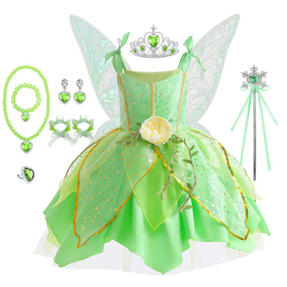 Girls Flower Fairy Dress – Kids Princess Costume with Wings, Halloween & Party Tinkerbell Dress