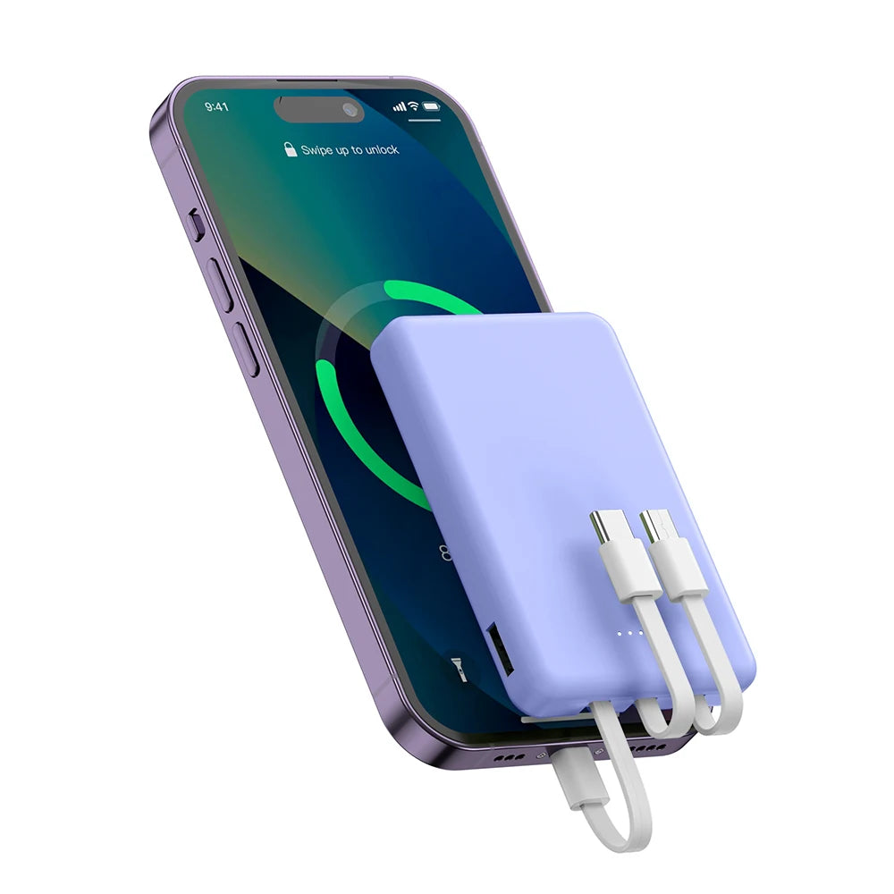 Mini 5000mAh Portable Power Bank With Built-in LED Digital Display, 1 USB-A Port and 3 Integrated Charging Cords, Ultra Compact External Battery Pack, Support Multiple Devices Simultaneous Charging Compatible With  Android Sm
