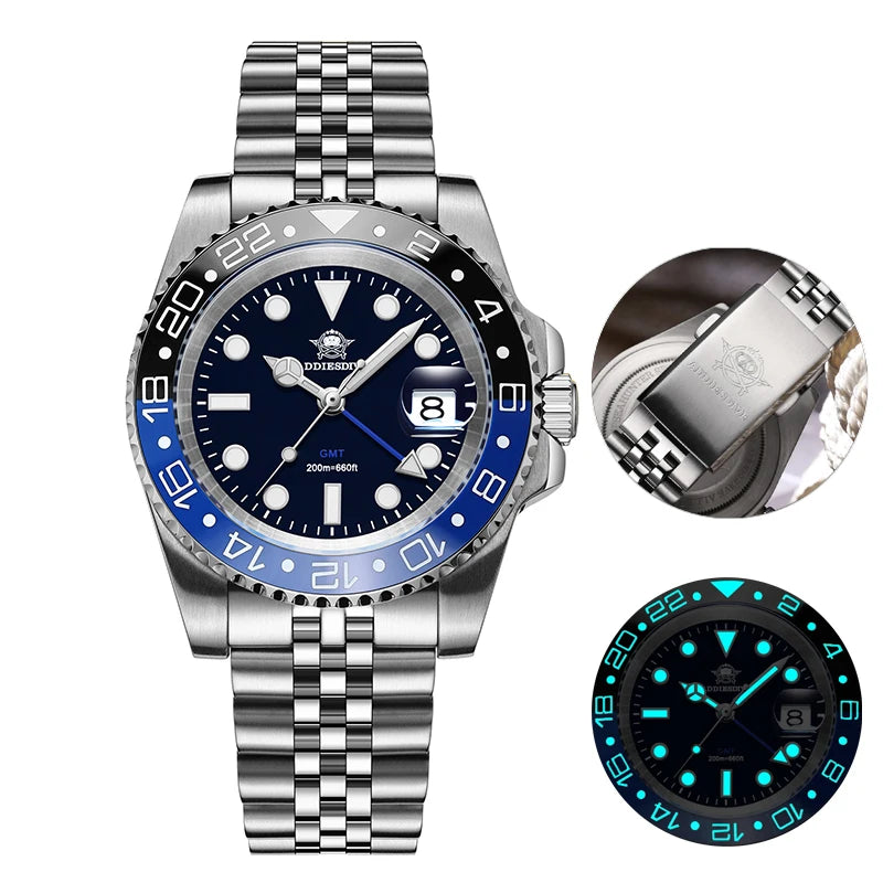 ADDIESDIVE Watch For Man Quartz GMT 20Bar Waterproof BGW9 Super Luminous 316L Stainless Steel Ceramic Bezel Watch