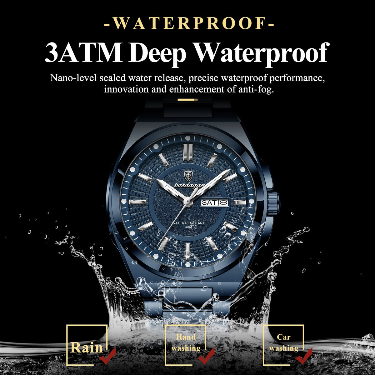 POEDAGAR Top Business Men Wristwatch Stainless Steel Waterproof Luminous Casual Man Watch Date Week Stylish Men's Quartz Watches