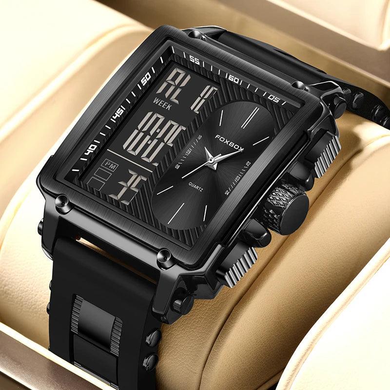 FOXBOX New Creative Square Watch Men Fashion Business Silicone Waterproof Men's Electronic Wristwatch LED Backlight Chronograph