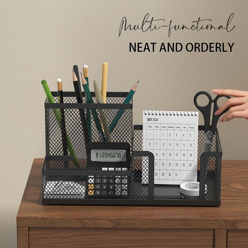 Mesh Desk Organizer Office Supplies Caddy with Pencil Holder and Storage Baskets for Desktop Accessories, 3 Compartments, Black - Urbizia