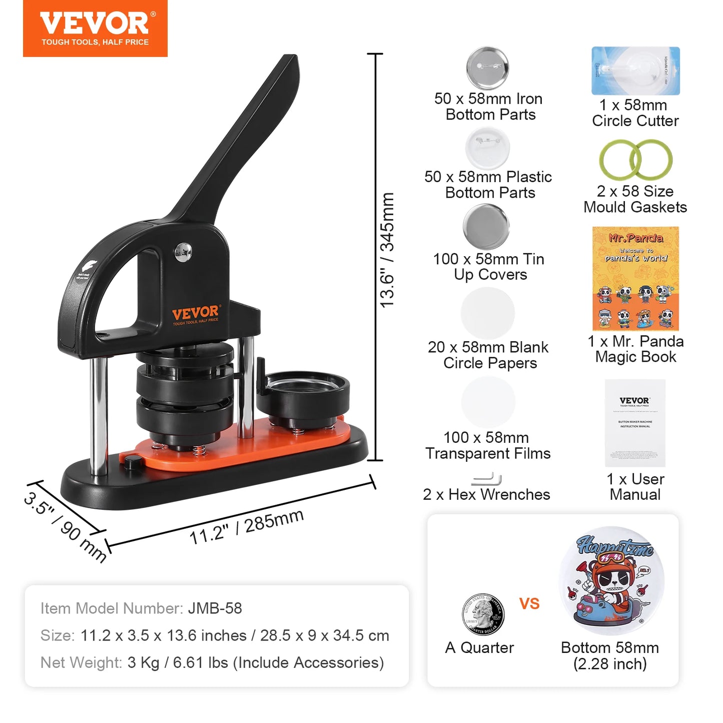 SucceBuy Button Maker 25/32/58 Pin Maker with Button Parts Ergonomic Arc Handle Punch Press Kit Button Maker Machine