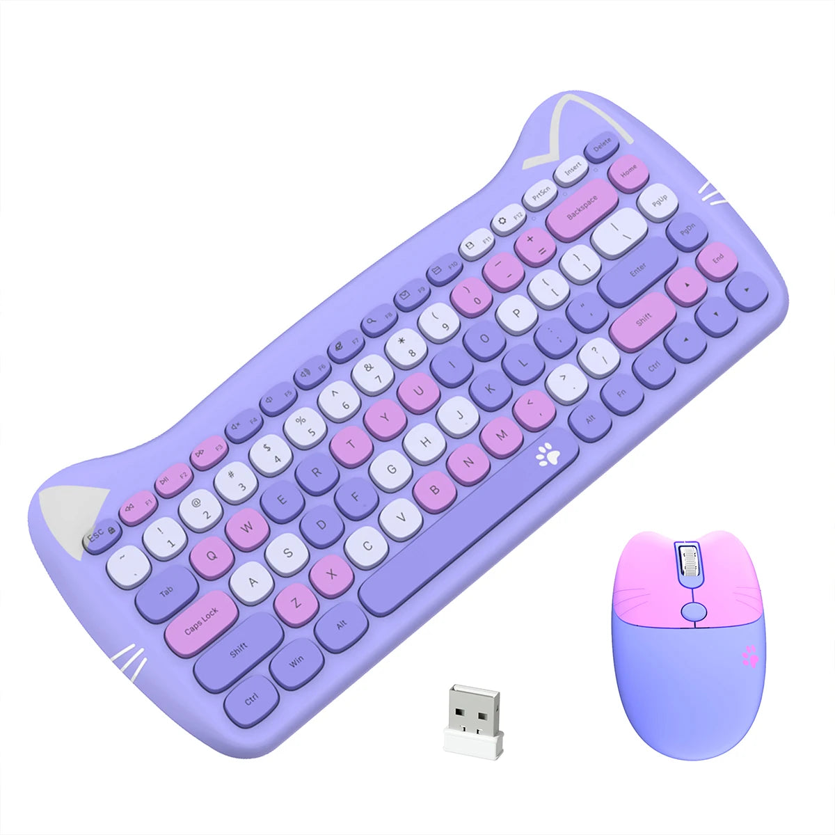 GEEZER Wireless Connection Cute Cat Shape Mixed Color Keycaps Ergonomic Cute Cat Style Keyboard Mouse Set