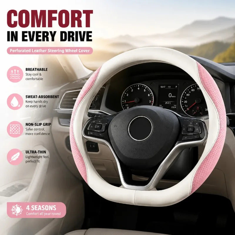 Perforated Leather Car Steering Wheel Cover, Universal 4 Seasons Breathable Sweat-Absorbent Non-Slip Ultra-Thin