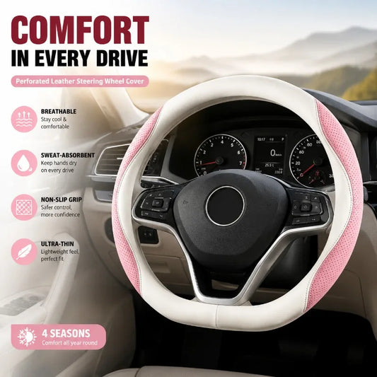 Perforated Leather Car Steering Wheel Cover, Universal 4 Seasons Breathable Sweat-Absorbent Non-Slip Ultra-Thin