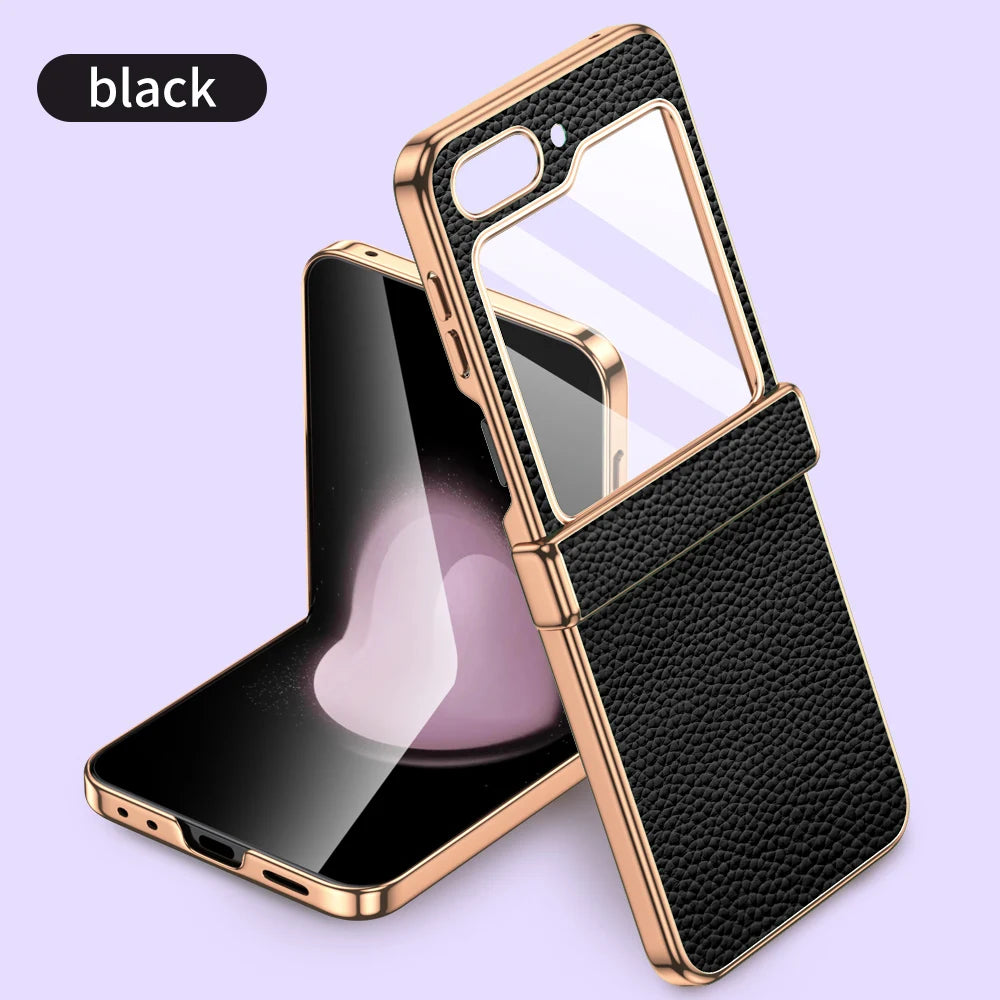Cowhide Leather Phone Case for Samsung Galaxy Z Flip7 Flip6 Flip 7 FE 6 5 Luxury Hinge Protection Cover with Tempered Glass