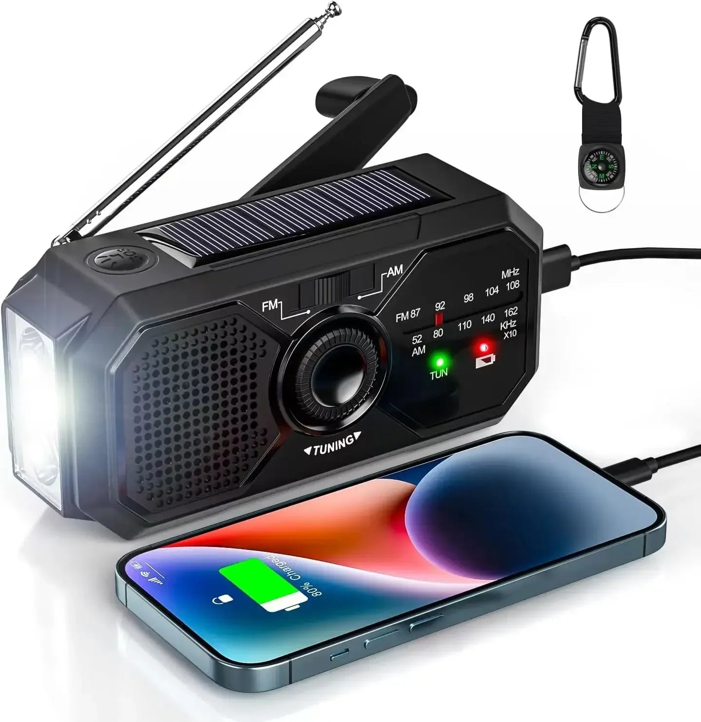 multifunctional solar hand crank dynamo charging AM FM Radio with torch.SOS alarm, outdoor camping Hike emergency power bank - Urbizia