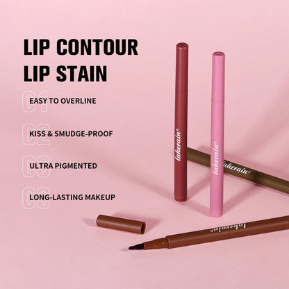 2-in-1 Lip Contour Lip Stain Pen Smudge-proof Non-stick Cup Moisturizing Lip Makeup Cosmetic Dual-Sided Tip Lip Stain & Liner