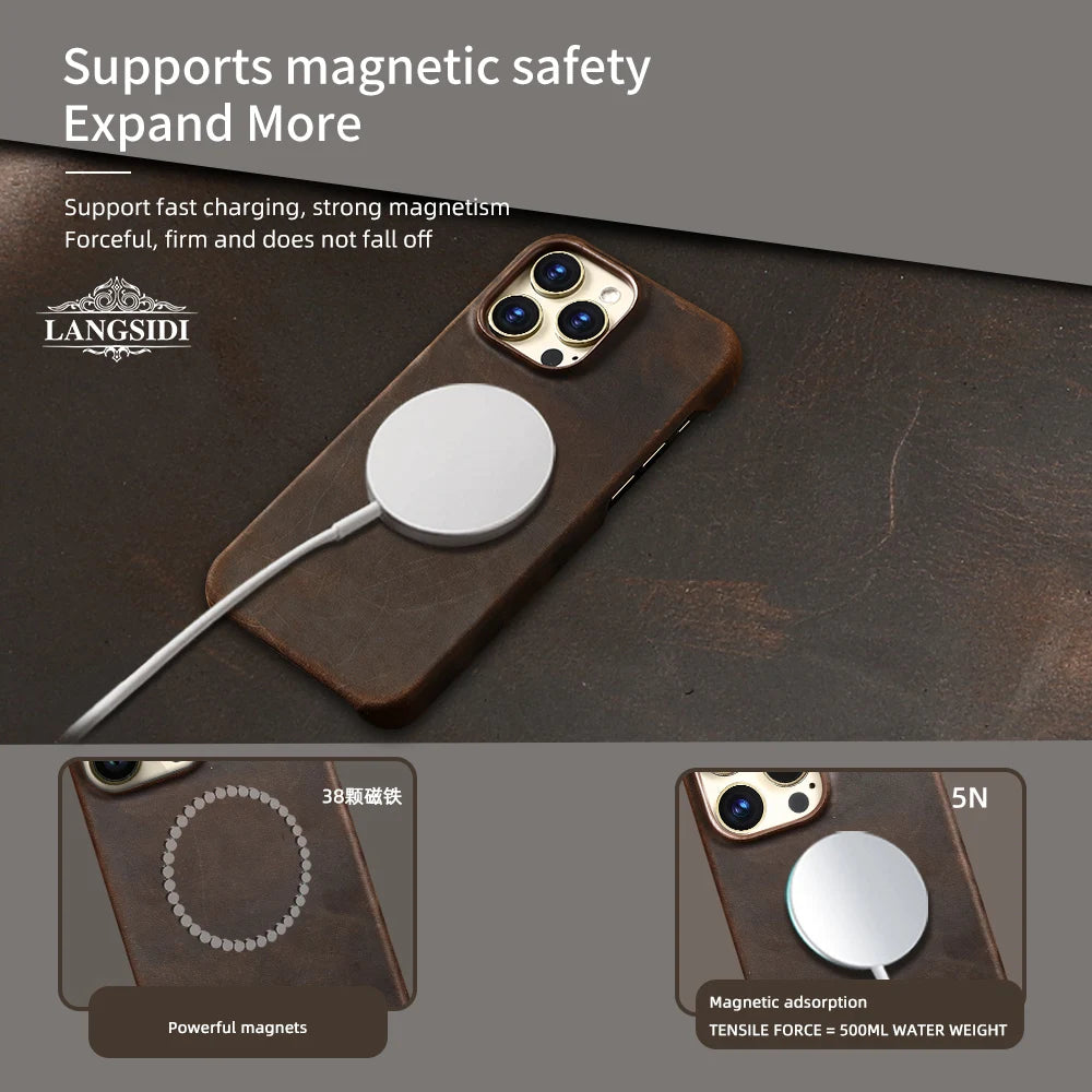 for Magsafe Case for iPhone 15 16 17 18 Pro Max Air Promax 17Pro 16Pro 18Pro Retro Luxury Genuine PULL-UP Leather Back Cover