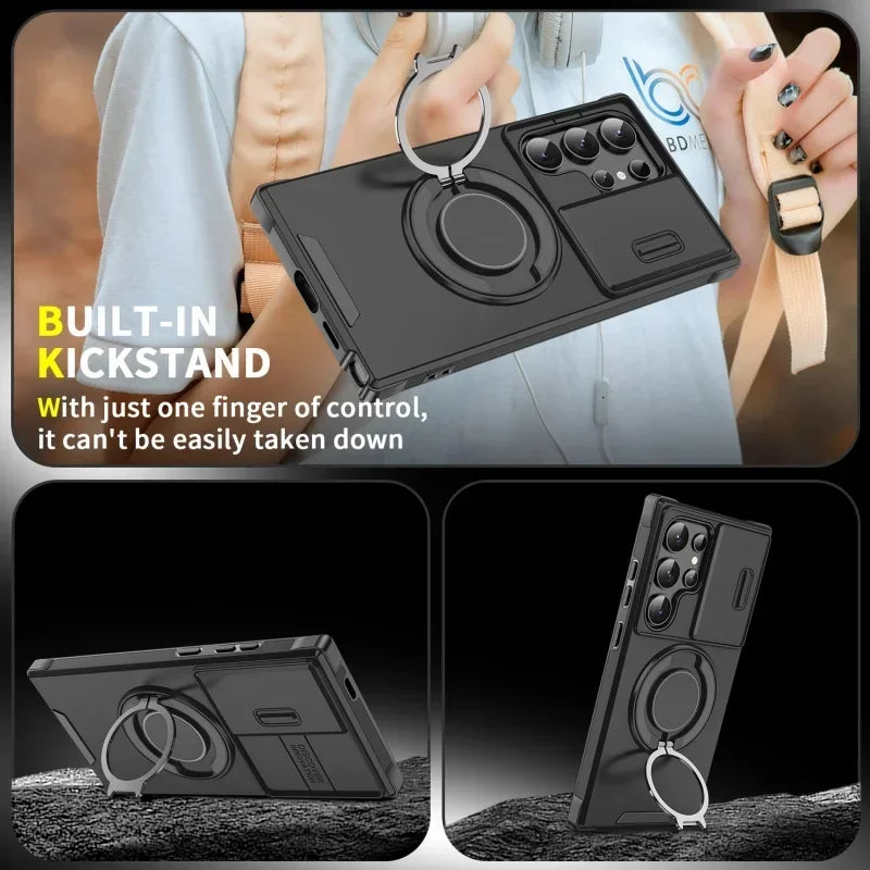 Case For Samsung Galaxy S26 S25 S24 S23 S22 S21 Ultra S24FE S25EDGE Slide Camera Protect Magnetic holder Armor Shockproof Cover