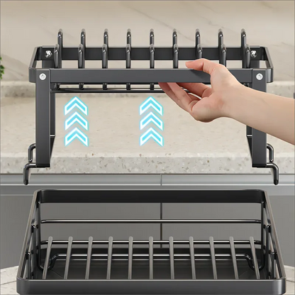 2-Tier Adjustable Steel Kitchen Dish Drying Rack with Drain Tray