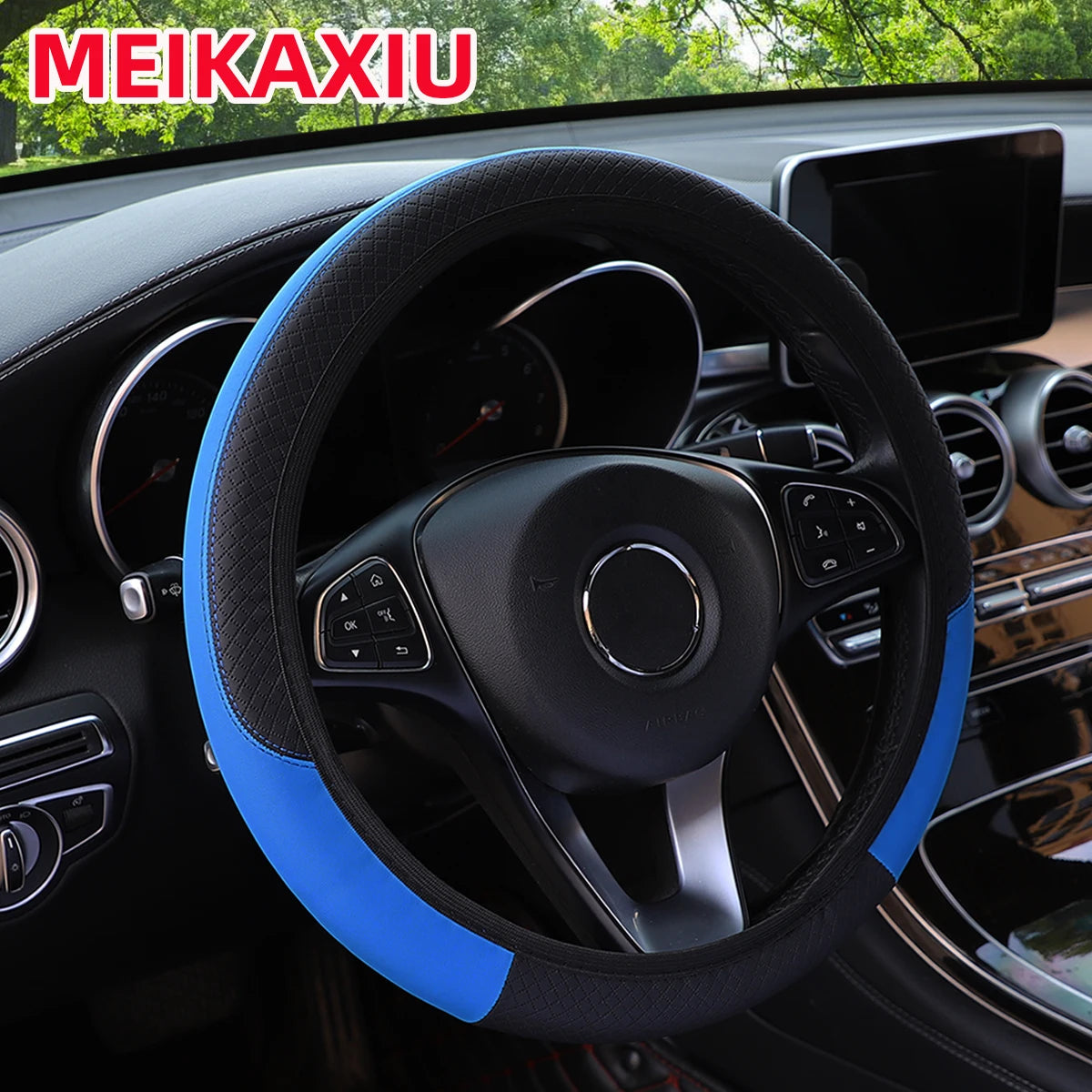 PU leather checkered embossed multi-color car rimless steering wheel cover suitable for 14.5 - 15 inch car interior accessories