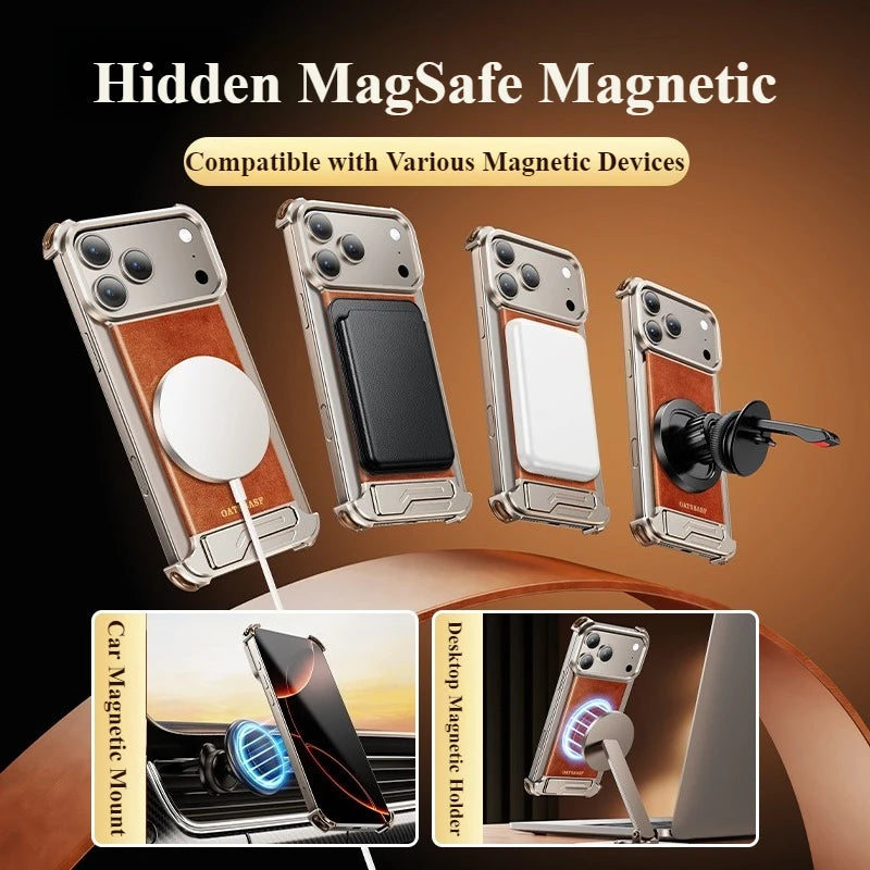 Oatsbasf Leather for iPhone 17 Pro/Pro Max/17 Air Phone Case with Kickstand Frameless Magnetic Shockproof Bumper Protective Case