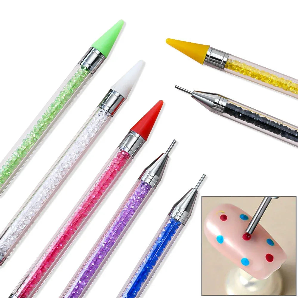 1Pc Dual Heads Point Drill Pen Acrylic Handle Crystal Beads Rhinestone Gems Picker Dotting Wax Pencil DIY Nail Art Tools