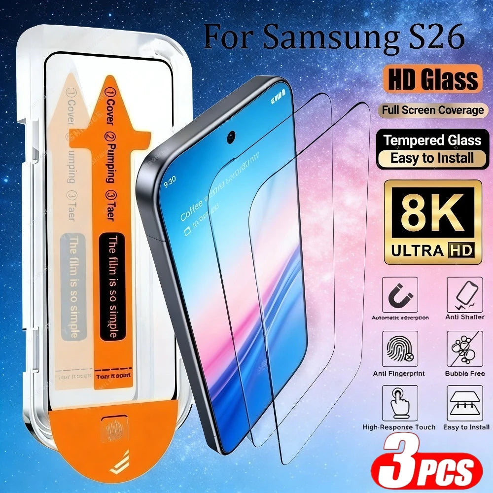 3Pcs Ultra HD Screen Protector for Samsung Galaxy S26 S25 S24 Ultra S23 S22 S21 Plus S23 S24 S25 FE One Click Installation Glass