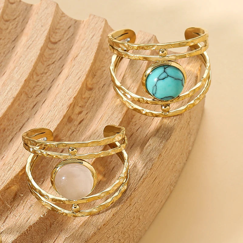 Boho Opal Turquoise Natural Stone Finger Rings Hollow Multi-Layer Jewelry Rings for Women Stainless Steel Ring Women Party Gifts