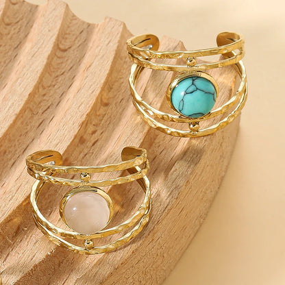 Boho Opal Turquoise Natural Stone Finger Rings Hollow Multi-Layer Jewelry Rings for Women Stainless Steel Ring Women Party Gifts