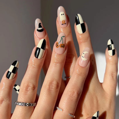 Black Gradient French Almond Fake Nails – Halloween Ghost & Pumpkin Press On Nails with Glue