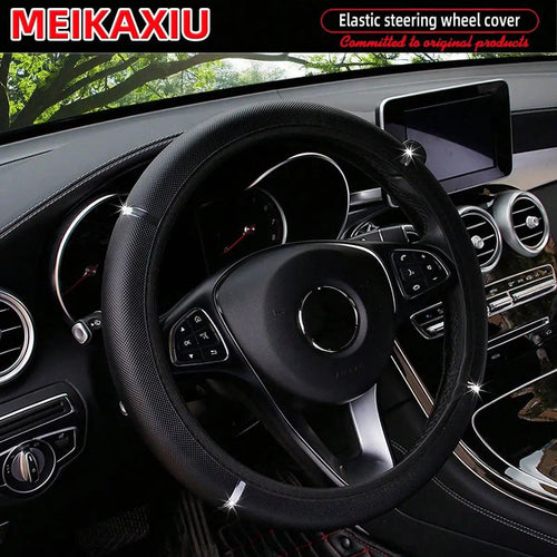 PU leather shiny metal stretchable car rimless steering wheel cover suitable for 14.5 - 15 inch car decoration items