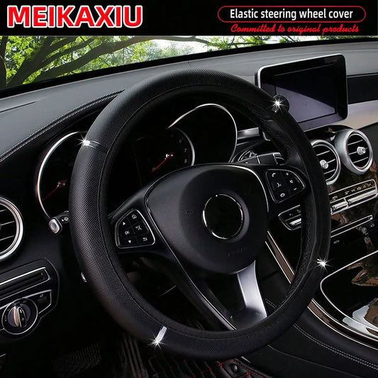 PU leather shiny metal stretchable car rimless steering wheel cover suitable for 14.5 - 15 inch car decoration items