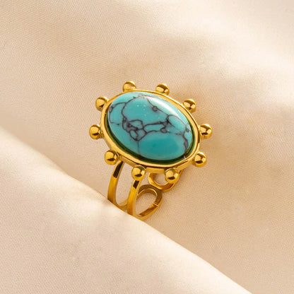 Turquoise Finger Jewelry Long Oval Sun Heart Water Drop Stainless Steel Rings For Women Men Accessories Gold Plated Open Anillos