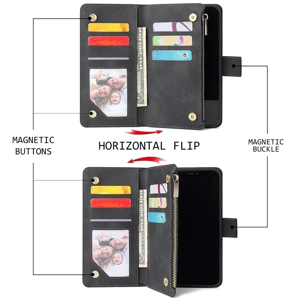 Premium Leather Wallet Case For iPhone 16 15 14 13 12 11 17 Pro Max Plus 17Air 16e Zipper Wallet Card Slots Magnetic Flip Cover