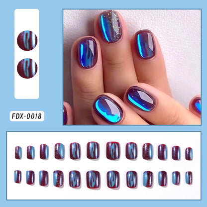24Pcs Black Glossy Halloween Almond Fake Nails – Gradient French Press-on Nails with Rose, Heart & Skull Designs