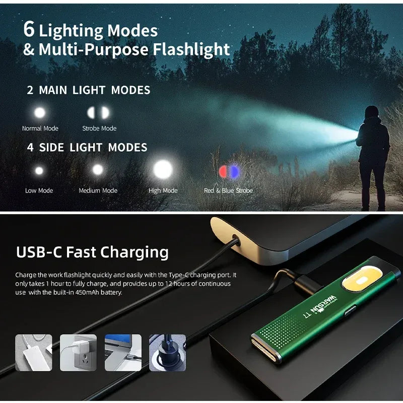 WARSUN T7 LED Torch Portable Mini Flashlight 800LM Rechargeable Pocket Light Magnetic Base Clip Work Light Hiking Fishing EDC - Urbizia