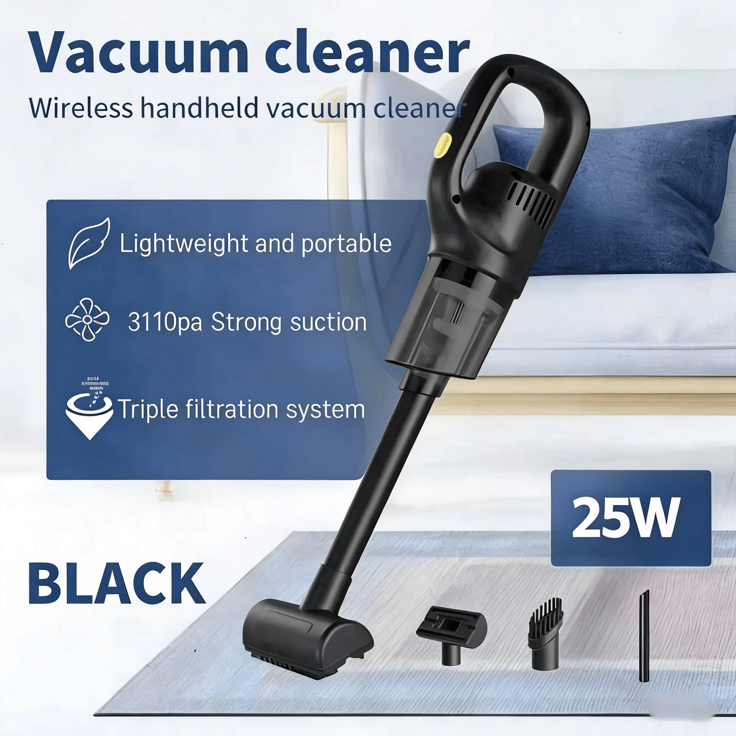 Portable Wireless Handheld Vacuum Cleaner, Car Vacuum Cleaner. Dual Use For Car And Home - Comes With 3 Brush Heads. USB Rechargeable (Includes 1800mAh Lithium Battery). 3100Pa Strong Suction, Detachable Dust Cup. Ergonomic H