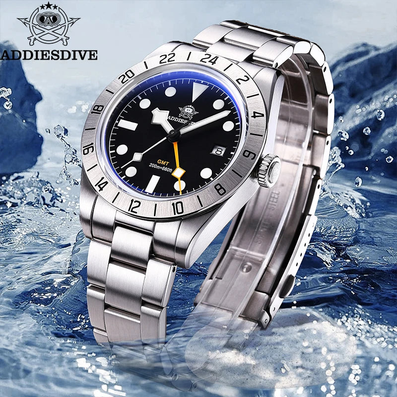 ADDIESDIVE New Luxury Men's Watch 200 Waterproof Stainless Steel Quartz Watch BGW9 Super Blue Luminous GMT Stainless Steel Watch