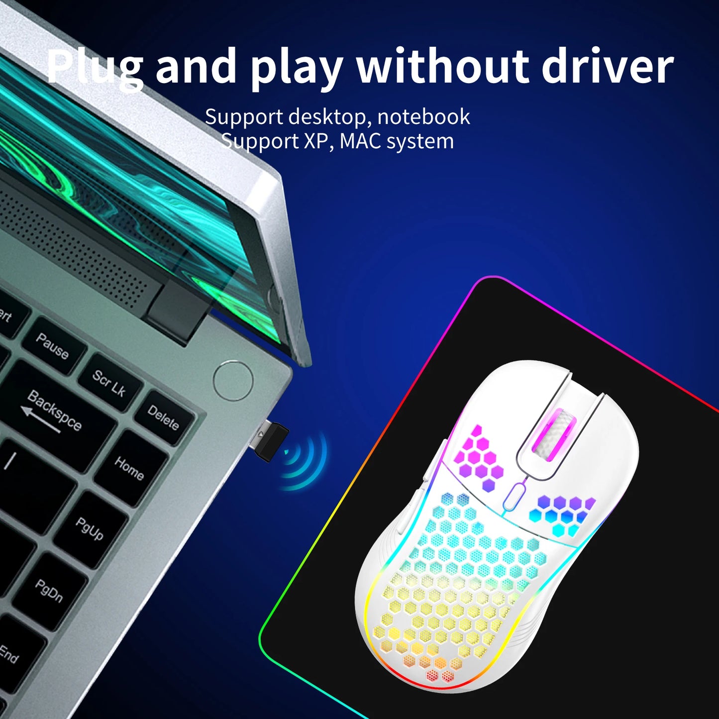 Wireless Gaming Mouse Honeycomb 2.4G USB Cordless Mouse RGB Rechargeable PC Game Mice With LED Lights, Drag-Free Paracord, Ergon