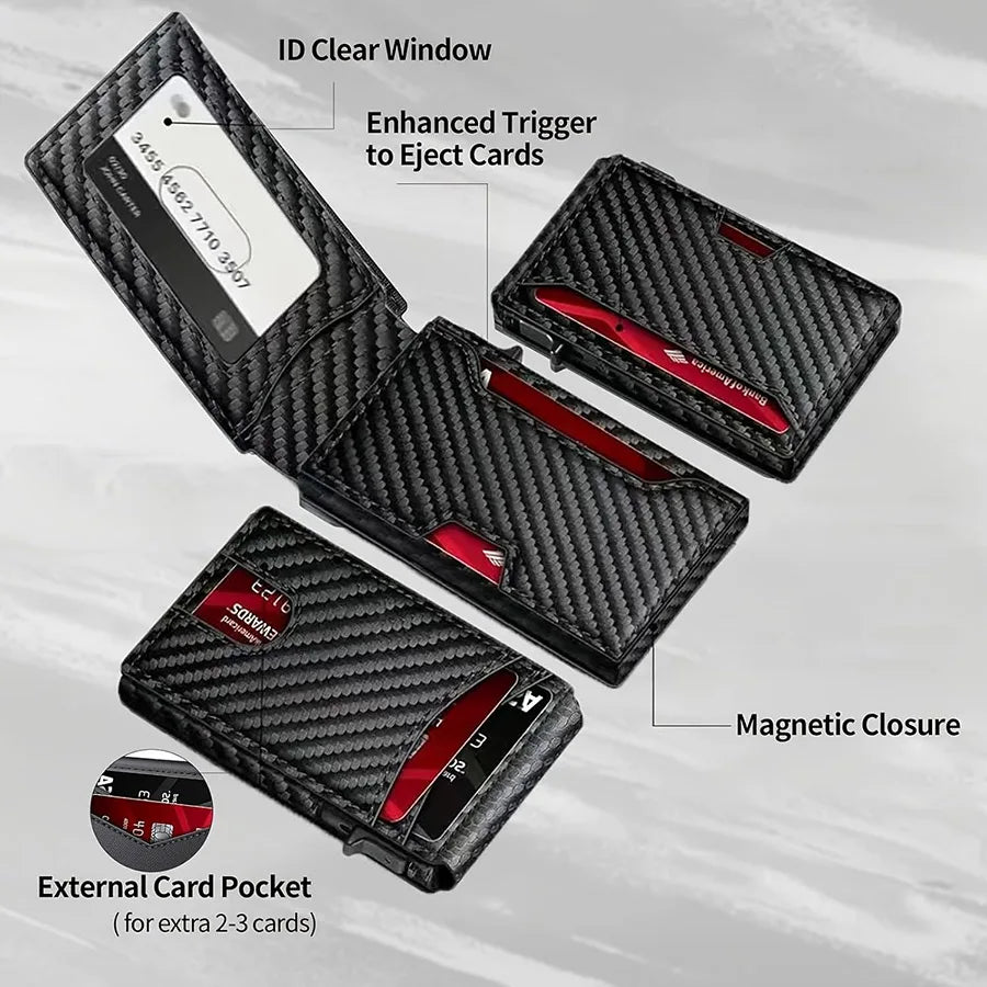 Men Vintage Leather Wallet RFID Blocking Aluminum Auto Pop Up Credit Card Holder for Men